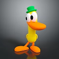 Yellow Duck Doll With Green Hat Orange Beak And Feet On Dark Background