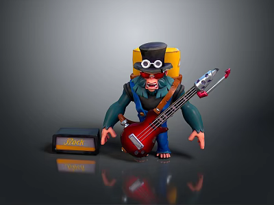 Colorful Locomotive Hat Character Playing Red Electric Bass with Black Rock Amplifier 3d model