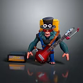 Colorful Locomotive Hat Character Playing Red Electric Bass with Black Rock Amplifier