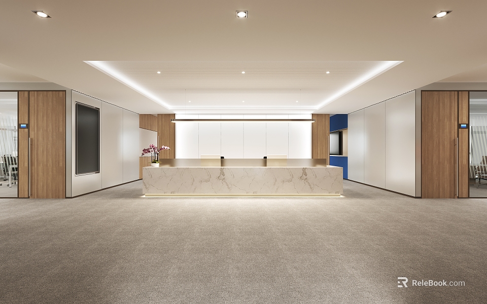 Modern Front Desk Reception Area With Marble Counter And Wooden Accents 3d model 