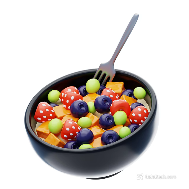 Colorful Food Bowl With Mushroom Shaped Red Items Green Blue Balls And Orange Squares 3d model 