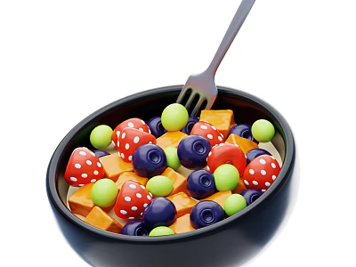 Colorful Food Bowl With Mushroom Shaped Red Items Green Blue Balls And Orange Squares 3d model