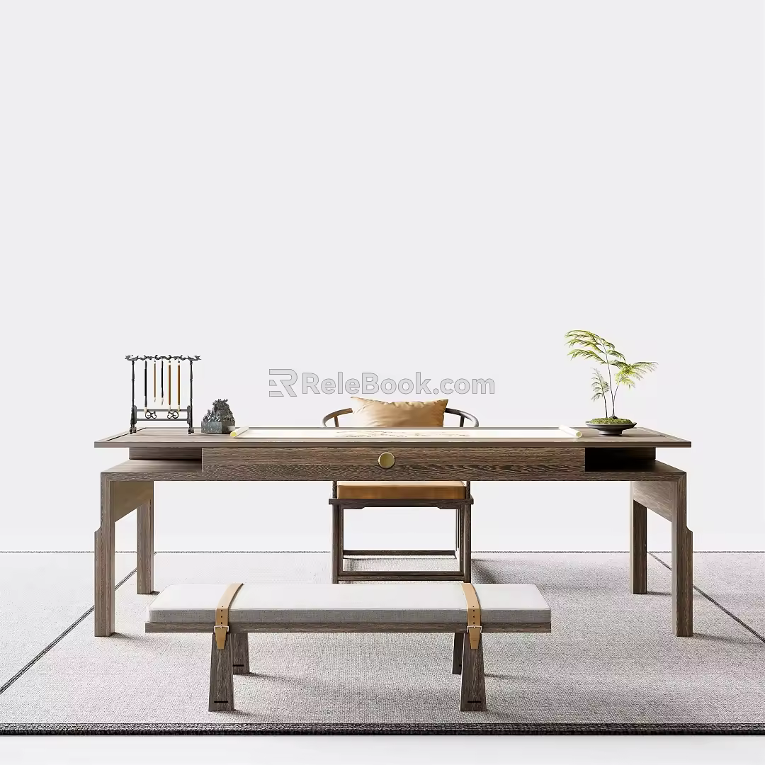 Lu Zhirong New Chinese Style Desk and Chair Combination 3d model
