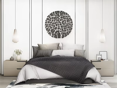Double Bed in Modern Bedroom With White Background Wall Circular Black Art and Pendant Lights 3d model