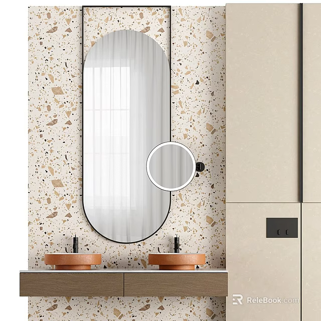 Modern Bathroom Vanity With Beige Cabinets Double Sinks Oval Mirror And Terrazzo Wall 3d model 