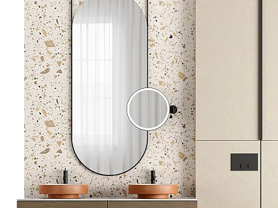Modern Bathroom Vanity With Beige Cabinets Double Sinks Oval Mirror And Terrazzo Wall 3d model