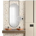 Modern Bathroom Vanity With Beige Cabinets Double Sinks Oval Mirror And Terrazzo Wall