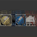 Three Industrial Equipment Units With Colored Metal Frames And Caged Containers