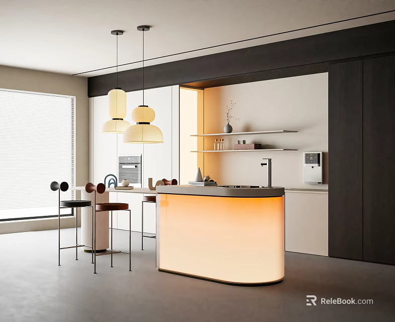 Sleek Modern Bar Counter Design With Pendant Lights Bar Stools And Kitchen Cabinets 3d model 