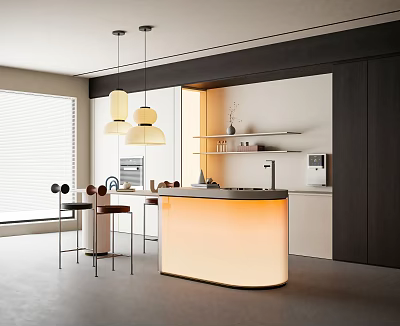 Sleek Modern Bar Counter Design With Pendant Lights Bar Stools And Kitchen Cabinets 3d model
