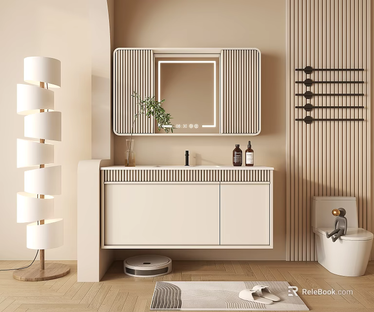 Light colored Modern Bathroom Cabinet With Striped Mirror And Wooden Wall Decor 3d model 