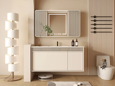 Light colored Modern Bathroom Cabinet With Striped Mirror And Wooden Wall Decor 3d model