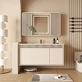Light colored Modern Bathroom Cabinet With Striped Mirror And Wooden Wall Decor