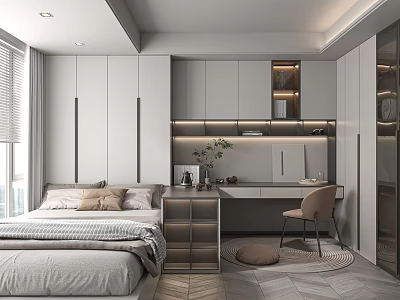 Modern Tatami Bedroom Interior Design With Bed Desk Chair And Storage Cabinets 3d model