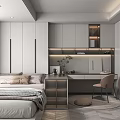 Modern Tatami Bedroom Interior Design With Bed Desk Chair And Storage Cabinets