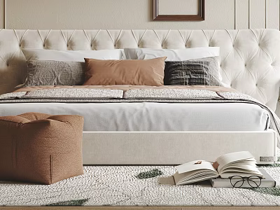 White Tufted Headboard Double Bed With Pillows Brown Ottoman On Rug With Open Books Glasses 3d model