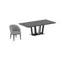 Sleek Modern Dining Table Set With Dark Wooden Table And Light Gray Fabric Chairs