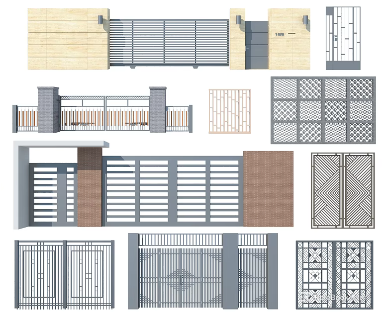 Various Entrance Gates Designs With Metal Grilles Brick Structures And Patterns 3d model