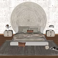 Modern Double Bed Interior With Circular Textured Headboard Minimalist Nightstands And Gray Rug