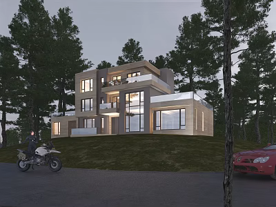 Modern Detached Villa With Large Glass Windows On Hillside Surrounded By Trees 3d model