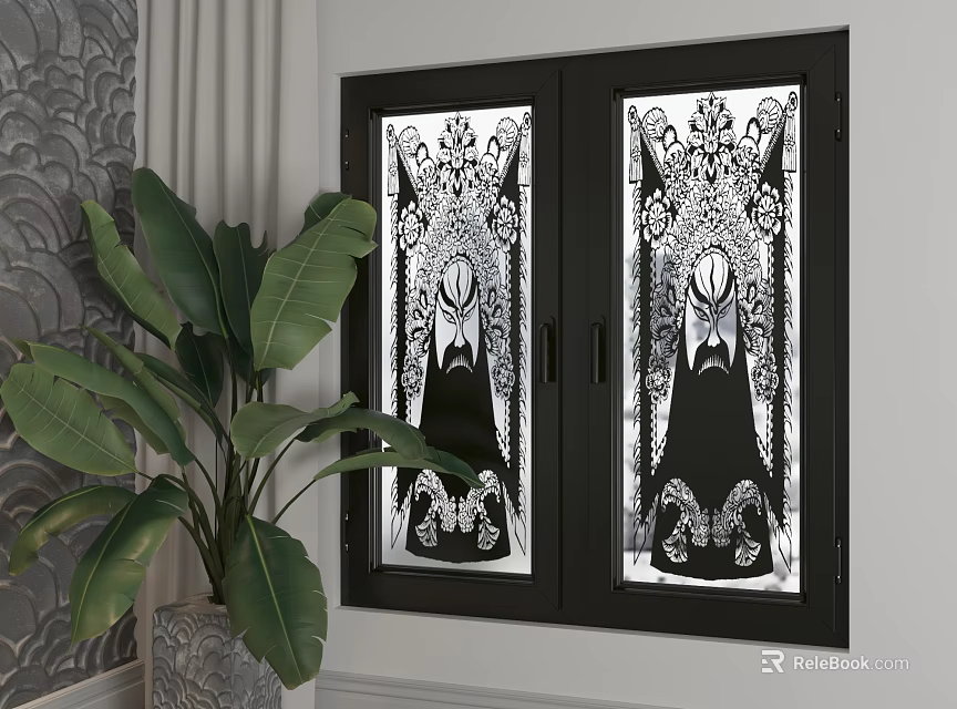 Casement Windows With Black Decorative Patterns Near Green Plant And Gray Wall Curtains 3d model 
