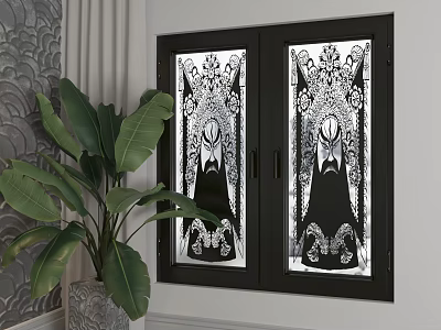 Casement Windows With Black Decorative Patterns Near Green Plant And Gray Wall Curtains 3d model