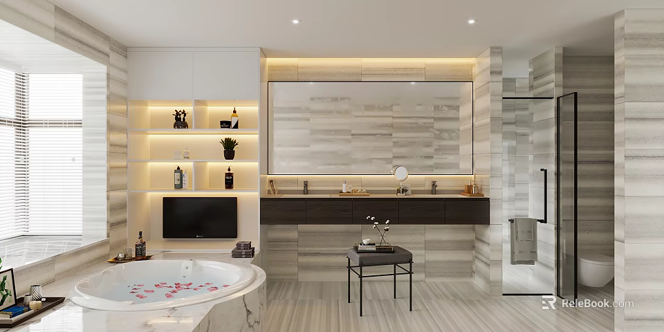 Modern Bathroom Interior with Marble Bathtub Large Mirror Vanity Shelves and Recessed Lighting 3d model 