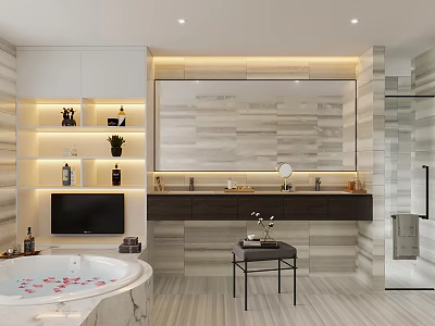 Modern Bathroom Interior with Marble Bathtub Large Mirror Vanity Shelves and Recessed Lighting 3d model