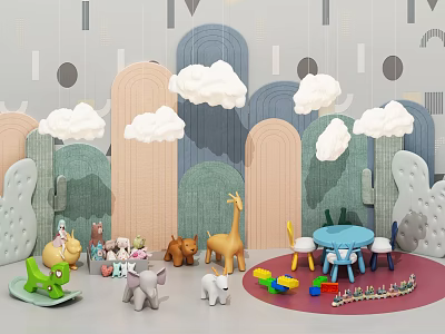 Cartoon Playground Scene With Animal Figures Toys Clouds Small Table Chairs And Colorful Backdrops 3d model