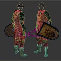 Two Medieval Warriors in Full Armor With Shields Helmets and Swords Standing 3d model