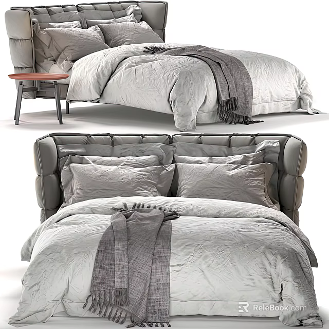 Comfortable Double Bed With Plush Quilt Cozy Pillows Warm Blanket And Bedside Table 3d model 