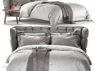 Comfortable Double Bed With Plush Quilt Cozy Pillows Warm Blanket And Bedside Table 3d model