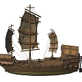 Traditional Wooden Boat With Two Masts Sails And Wooden Cabin Design