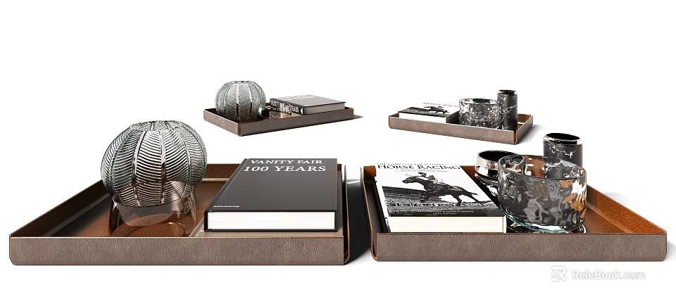 Decorative Ornament Sets with Trays Books Metal Spheres and Glass Containers 3d model 