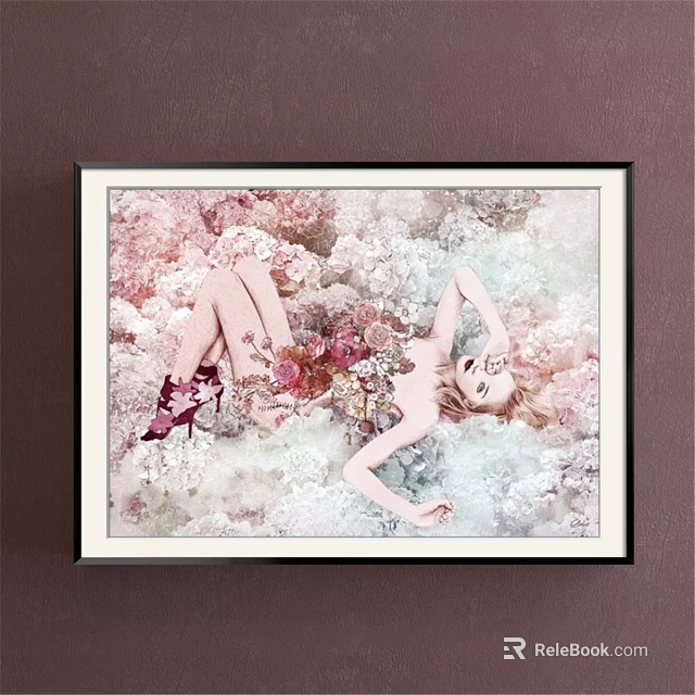 Elegant Female Portrait Artwork With Reclining Pose Among Pink White Flowers And Red Shoes 3d model 