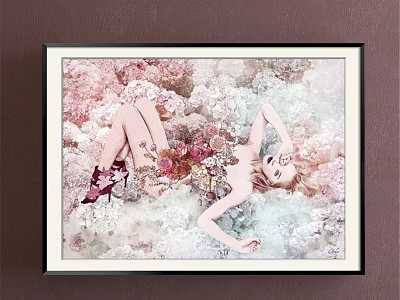 Elegant Female Portrait Artwork With Reclining Pose Among Pink White Flowers And Red Shoes 3d model