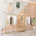 Golden Metal Display Racks With Clothing Hangers Handbags And Shoes On Shelves
