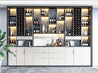 Elegant Modern Wine Cabinet With Built-in Lighting Multiple Shelves Wine Bottles Glasses And Ornaments 3d model