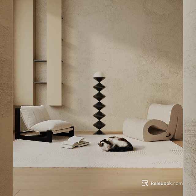 Modern Lounge Chair With Minimalist Design In Room Featuring Cat Rug And Floor Lamp 3d model 