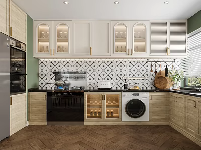 Modern Kitchen Interior With Glass Front Cabinets Tile Backsplash And Herringbone Wooden Floor 3d model