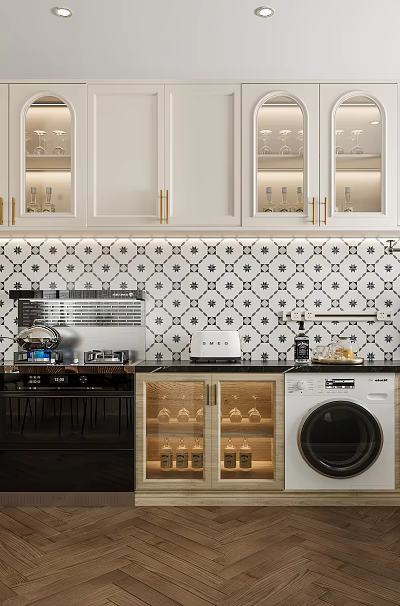 Modern Kitchen Interior With Glass Front Cabinets Tile Backsplash And Herringbone Wooden Floor 3d model