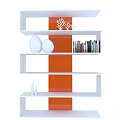 Modern White Bookcase With Multiple Shelves Orange Panels And Decorative Ornaments Books