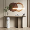Modern Entryway Console Table With Marble Pedestal Green Plant And Circular Wall Decor