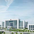 Modern Office Building With White Exterior Red Emblem Symmetrical Design Plaza And Green Plants