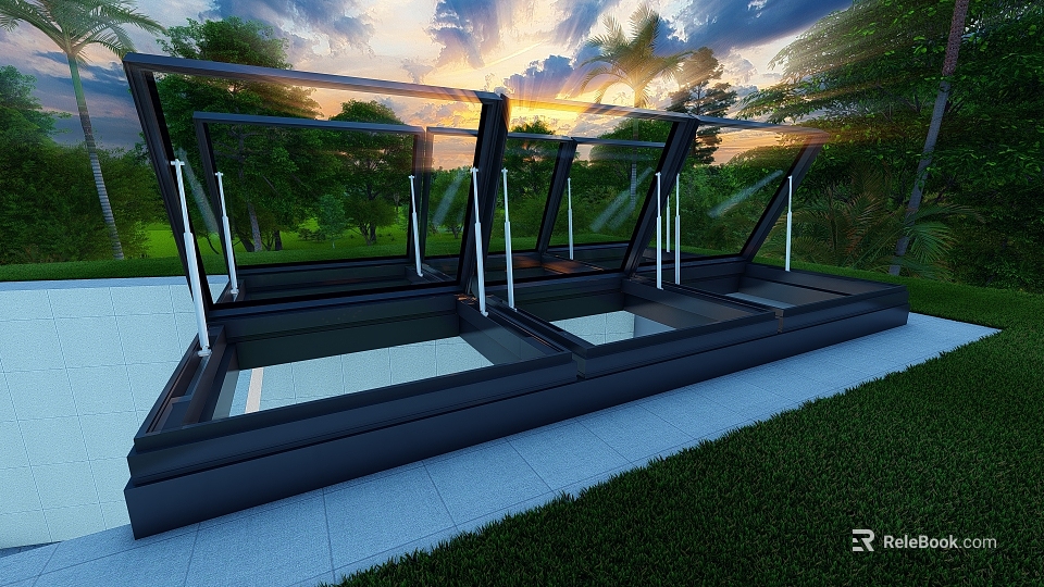 Detached Villa with Glass Roof Black Frame White Railings Gray Stone Slabs and Sunset Sky 3d model 