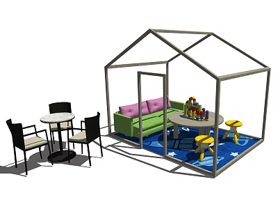 Casual Green Sofa Combination with Pink Cushions in Transparent Glass House and Building Blocks Table 3d model