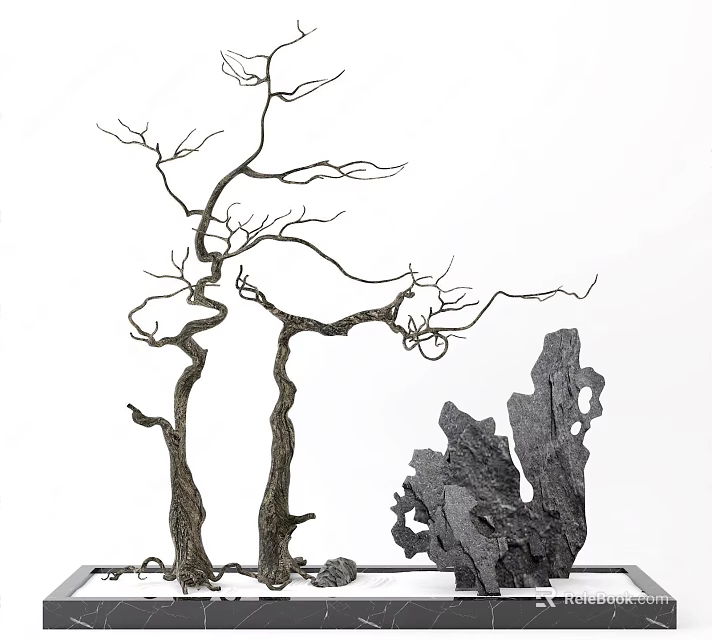 Leafless Trees With Twisted Curved Branches And Natural Rock Formation 3d model 
