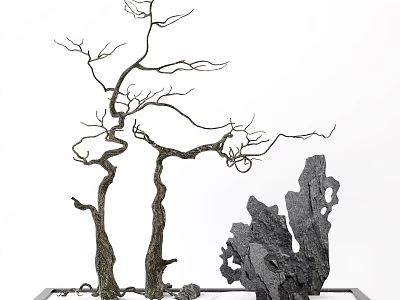 Leafless Trees With Twisted Curved Branches And Natural Rock Formation 3d model