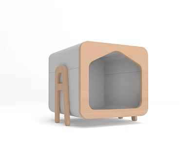 Wooden And Gray Pet House Furniture With House Shaped Opening And Ladder 3d model