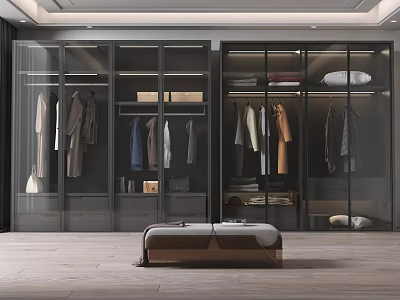Modern Wardrobe with Glass Doors and Open Clothes Storage in Wooden Floor with Bench 3d model